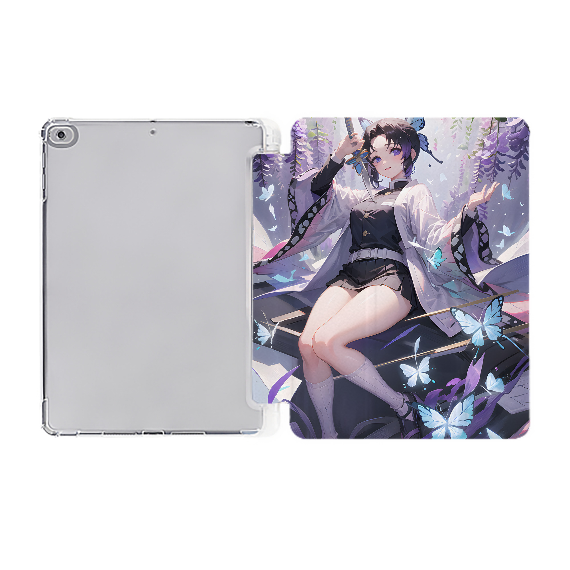 （画像用） 鬼滅の刃（きめつのやいば）蟲柱-胡蝶 しのぶ／こちょう しのぶ Kochou Shinobu IPad ケース ペン収納付き 三つ折りスタンド PUレザー×シリコン 対応機種9.5/10.5/10.9インチ